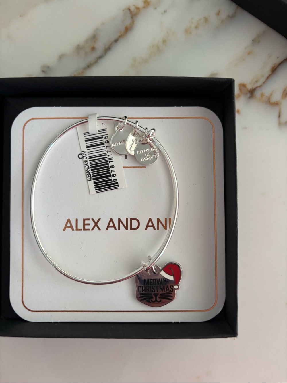 Alex and Ani Silver Bangle with Red Enamel Santa Cat Charm